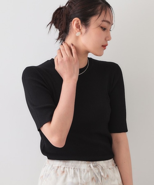 シアーリブハーフスリーブニット【洗濯機洗い可/抗ピル】