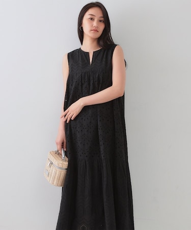 インドコットンアイレット刺繍ティアードワンピース【洗える】
