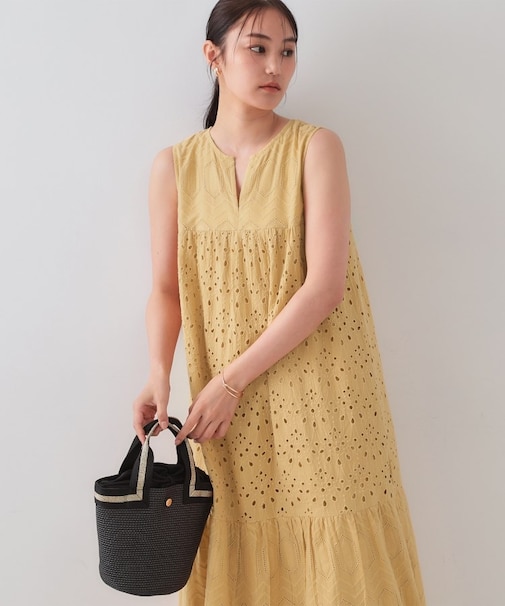 インドコットンアイレット刺繍ティアードワンピース【洗える】