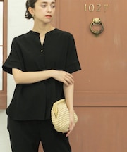 《5色展開/SS-LLサイズ》スキッパー金ボタンブラウス/セットアップ対応【防シワ/ストレッチ/洗濯機洗い可】