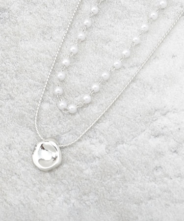 フェイクパール×コインチェーン 2連ネックレス