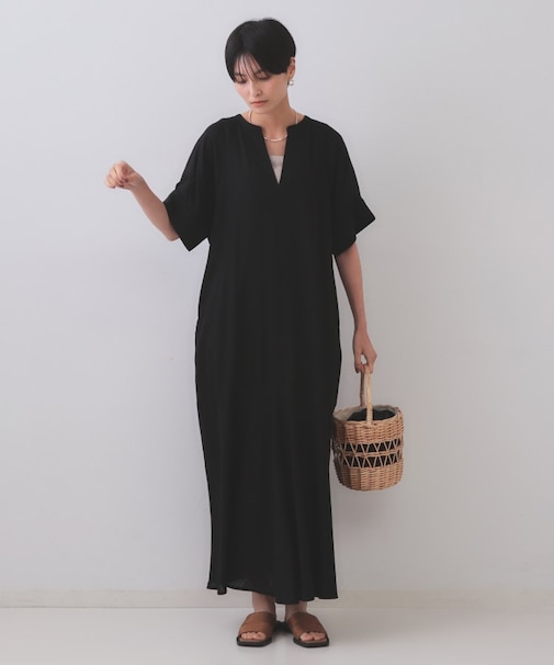 レーヨン麻キーネックワンピース【洗える】