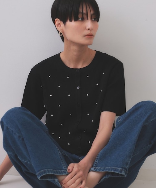 フロントビジューリブニットカーディガン【洗濯機洗い可/抗ピル】