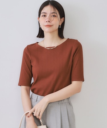 汗染み防止 ボートネックリブカットソー【洗濯機洗い可/抗ピル】