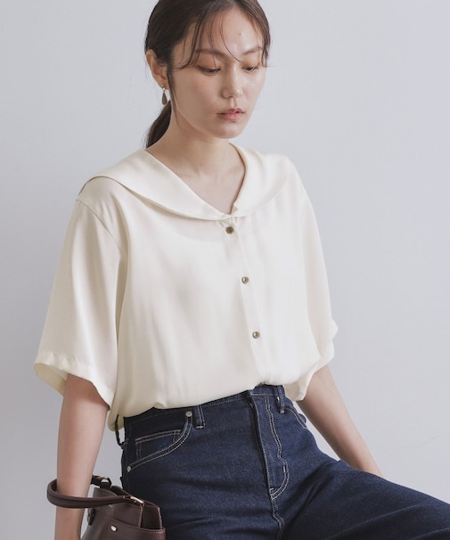 ヴィンテージサテンセーラーカラーブラウス【洗濯機洗い可】