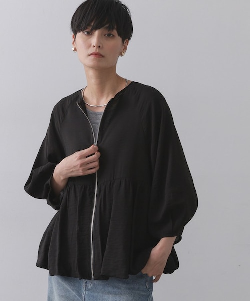組曲　洗える・シワになりにくいシアーブルゾン リボン　ジップ　ペプラム　24ss 洗える・シワになりにくい】シアーブルゾン / 組曲