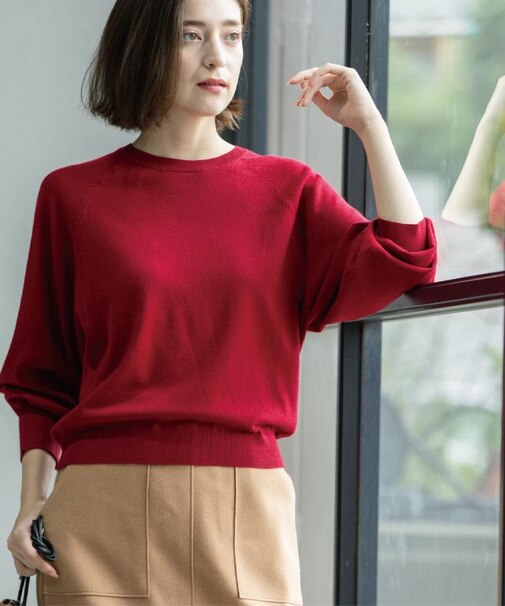 ラグランクルーネックニット/エクストラファインメリノウール【THEシリーズ/洗濯機OK】《6col/S～LL》