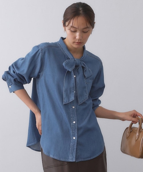 【美品】AMLILE ボウタイデニムブラウス AMLILE ボウタイデニムブラウス