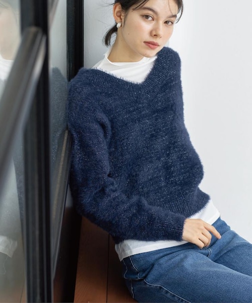 スパンコールフェザーVネックニット【洗濯機OK】