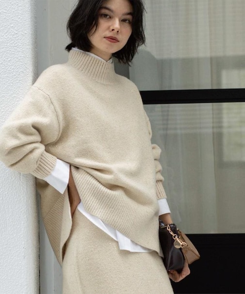 ラメスパンコールハイネックニット/セットアップ対応可【洗濯機OK】