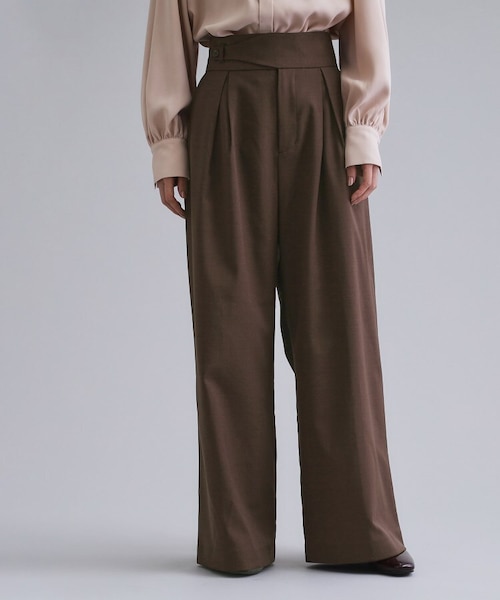 ブラウン ハイウエスト ワイドパンツ es】ハイウエストタックワイドパンツ【洗濯機洗い可】｜オペーク