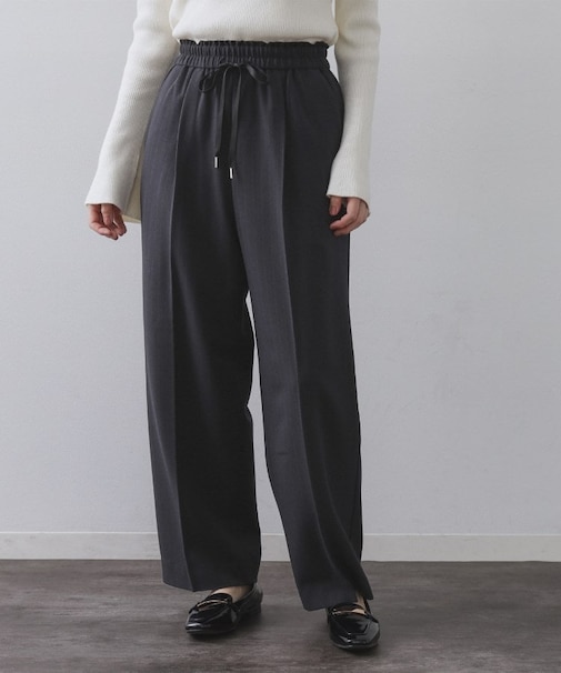 ピンストライプイージーワイドパンツ【吸湿発熱/ストレッチ/洗濯機OK】