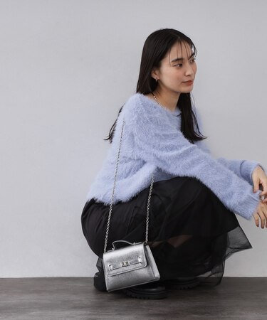 シャイニー合皮スクエアデザインチェーンミニショルダーバッグ