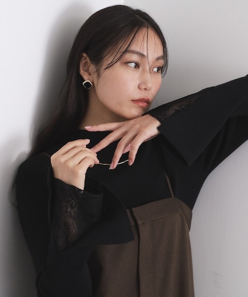 レースフレアハイネックリブニット【洗濯機OK】