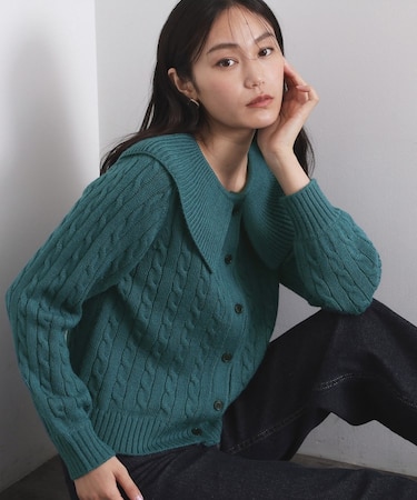 ビック襟ケーブルニット【洗濯機OK／抗ピル】