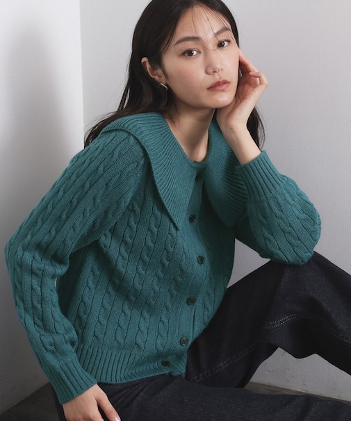 ビック襟ケーブルニット【洗濯機OK／抗ピル】