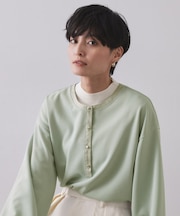 サテン使いヘンリーネックトップス【洗濯機OK】