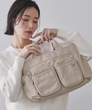 フロントWポケット3層デザインミドルトートバッグ【2WAY/マルチポケット】