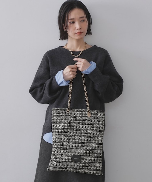 ブラックオアホワイト　200パック ツイードコンビチェーンショルダートートバッグ【A4サイズ対応