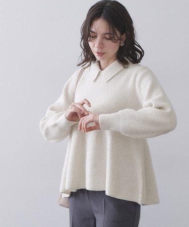 スパンコールラメ衿2WAYペプラムニット【洗濯機OK】