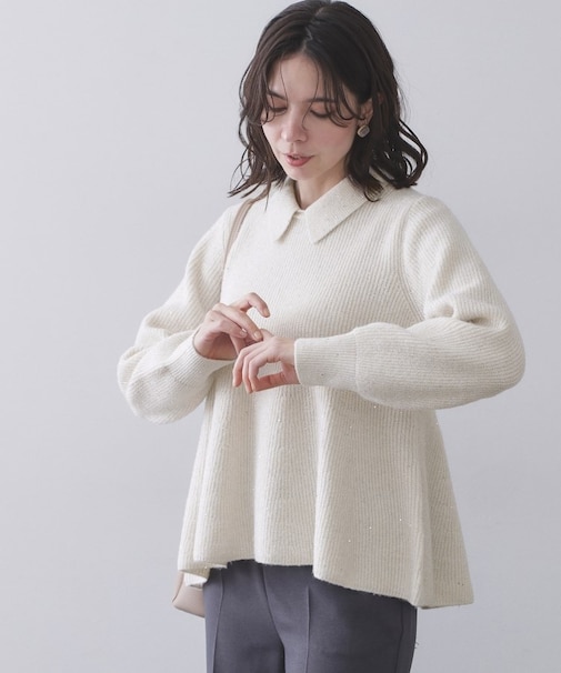 スパンコールラメ衿2WAYペプラムニット【洗濯機OK】