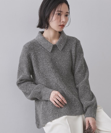 スパンコールラメ衿2WAYペプラムニット【洗濯機OK】