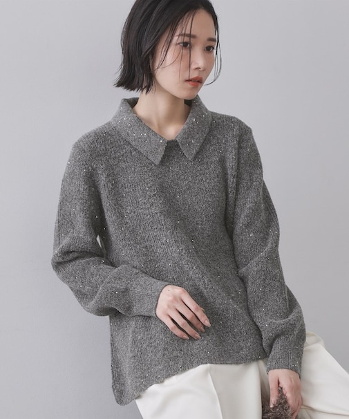 スパンコールラメ衿2WAYペプラムニット【洗濯機OK】