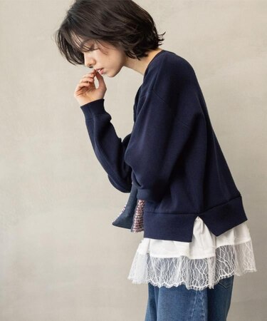 裾レースドッキングニット