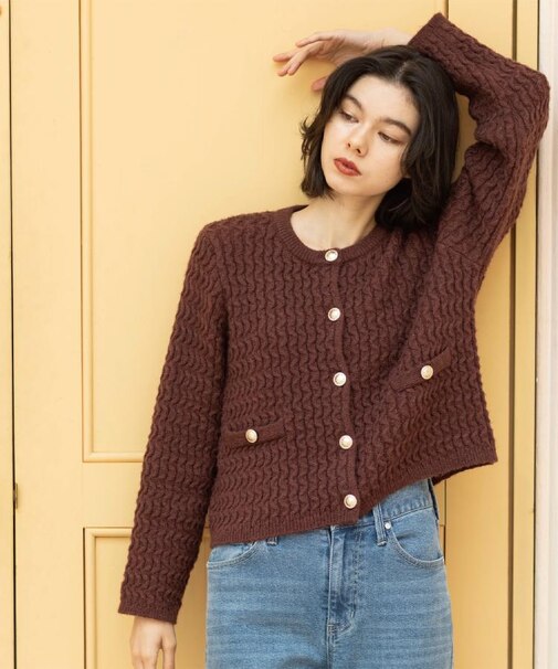 モヘヤタッチケーブル金ボタンカーディガン【洗濯機OK】