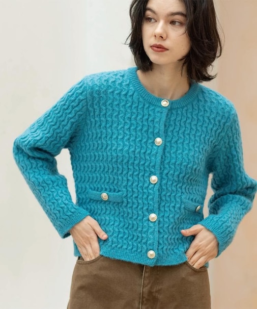 モヘヤタッチケーブル金ボタンカーディガン【洗濯機OK】