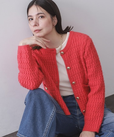 モヘヤタッチケーブル金ボタンカーディガン【洗濯機OK】