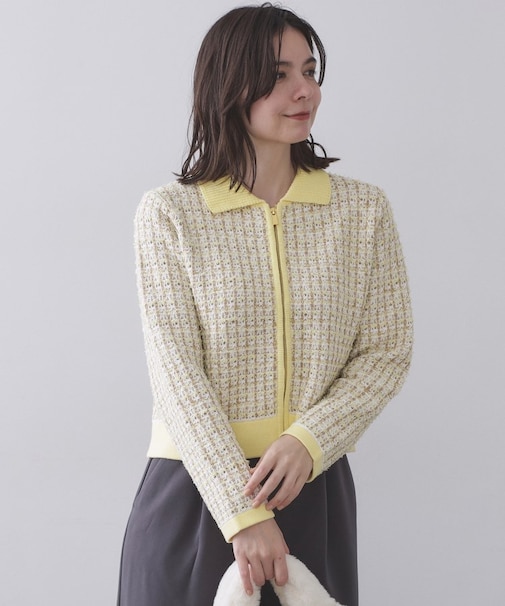 ツイードライクZIPニットカーディガン