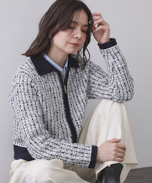 ツイードライクZIPニットカーディガン