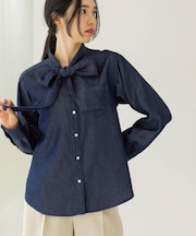 セルロース混デニムボウタイブラウス【洗濯機OK】