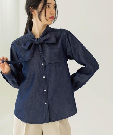 セルロース混デニムボウタイブラウス【洗濯機OK】