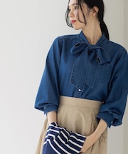 セルロース混デニムボウタイブラウス【洗濯機OK】
