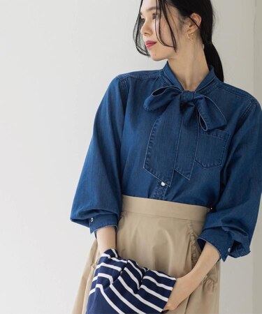 セルロース混デニムボウタイブラウス【洗濯機OK】