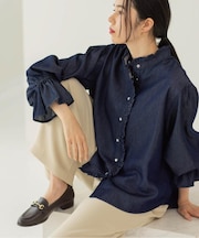 セルロース混デニムフリルブラウス【洗濯機OK】