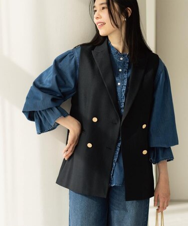 金ボタンダブルブレストテーラードジレ/セットアップ対応【洗える】《S~LL》