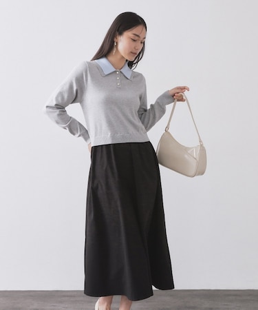 ダブルポロ衿ニットドッキングワンピース【洗濯機OK】