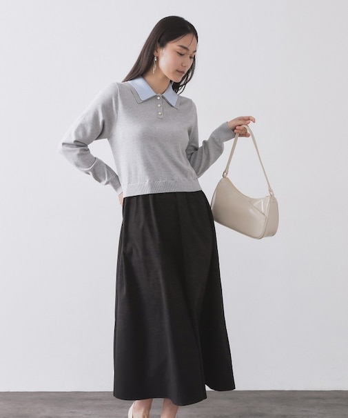 ダブルポロ衿ニットドッキングワンピース【洗濯機OK】