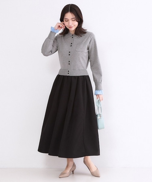 ポロ襟ニットドッキングフレアワンピース【洗濯機OK】