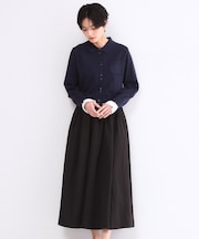 ポロ襟ニットドッキングフレアワンピース【洗濯機OK】