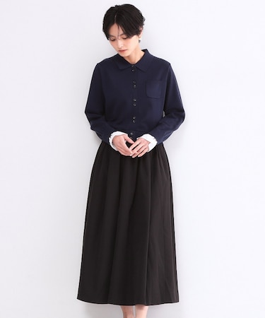 ポロ襟ニットドッキングフレアワンピース【洗濯機OK】