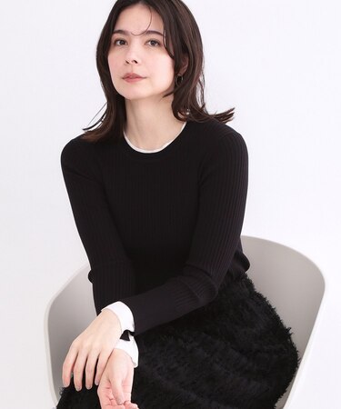 レイヤード風クルーネックリブニット【洗濯機OK】
