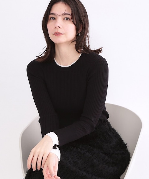 レイヤード風クルーネックリブニット【洗濯機OK】