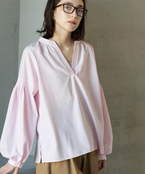 スキッパーボリュームスリーブブラウス【洗濯機OK】