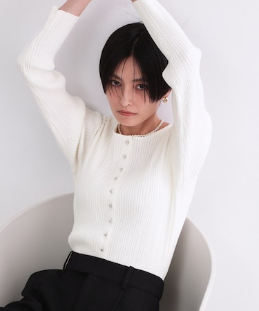 シルバー多ボタン ランダムリブニットカーディガン【洗濯機OK】