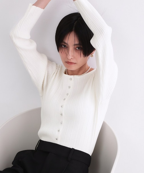 シルバー多ボタン ランダムリブニットカーディガン【洗濯機OK】