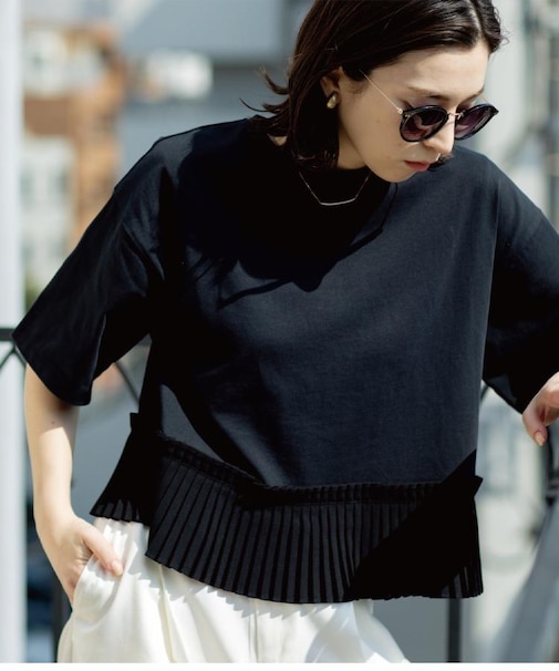 プリーツデザインドッキングトップス